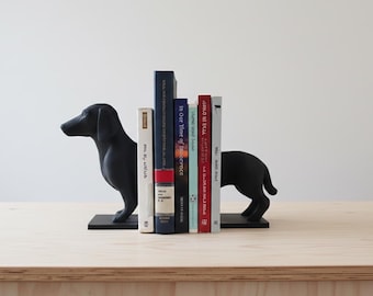 Boekensteunen met hondenmotief, boekenhouder met teckelprint, dierendecoratie voor op de plank, leuk cadeau voor hondenliefhebbers, moderne zwarte boekenstandaard met hondenmotief, bureau-organizer voor thuis of op kantoor