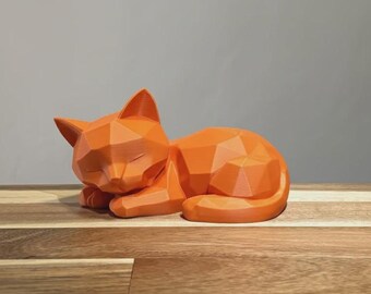 Geometric Sleeping Cat Statue - Low Poly Black Kitty Figurine - Minimalist Cat Lover Gift - Modern Pet Memorial - Shelf Decor