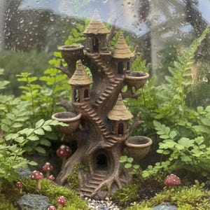 Può includere: Una struttura marrone a forma di albero con molteplici tetti conici, scale e piccole piattaforme circolari, racchiusa in una cupola di vetro. La base è circondata da felci verdi, muschio, piccole pietre grigie e funghi rossi con macchie bianche.