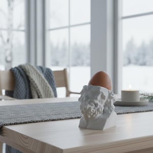 Puede incluir: Un huevero de cerámica blanca con forma de busto clásico, que sostiene un huevo marrón. El huevero está sobre una mesa de madera clara con un camino de mesa gris. Una vela encendida y una ventana con una vista nevada están en el fondo.