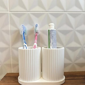 Fluted Toothbrush Holder Bathroom Organizer - Ribbed Makeup Brush Cup - Aesthetic Modern Decor - Minimalist Vanity Stand - Tan Pot