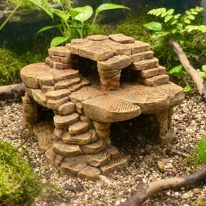 May include: A detailed, brown resin aquarium ornament resembling a tiered rock formation with steps and a cave-like opening. The ornament is surrounded by green plants, moss, and small pebbles, creating a naturalistic underwater scene.