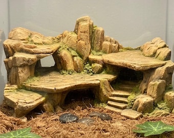 Fond de terrarium rocheux de toundra - Plateforme de repos et grotte-cachette 3D pour reptiles - Décor d'escalade de steppe désertique - Terrain de jeu de guerre D&D