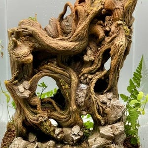 Può includere: Struttura dettagliata di radici di albero artificiali marroni con molteplici aperture e una superficie strutturata. Sono visibili piante verdi e muschio, che suggeriscono un terrario naturalistico o un elemento decorativo. Il design incorpora una varietà di forme e trame.