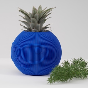 Può includere: Un vaso sferico blu vibrante con una superficie strutturata e scanalata. Il vaso presenta un design stilizzato del viso e contiene una piccola pianta di ananas. Il fogliame verde accentua la scena, su uno sfondo bianco.