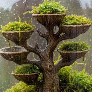 May include: A terrarium with a miniature tree-like structure holding several tiers of vibrant green moss. The tree is brown and encased in a clear glass dome, creating a miniature ecosystem. Water droplets cling to the glass.