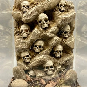 Op de afbeelding: Een verticale terrariumachterwand met een gestapelde opstelling van beige, realistische menselijke schedels ingebed in een getextureerde, houtachtige structuur. Het geheel is geplaatst in een doorzichtige glazen behuizing met stenen.
