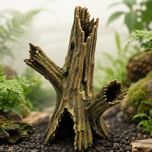 Può includere: Un ornamento a forma di ceppo d'albero cavo e verticale con una finitura testurizzata color marrone e verde. La struttura presenta un'apertura centrale verticale e due rami laterali più piccoli, creando un aspetto naturale e robusto.