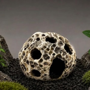 May include: A spherical, porous aquarium ornament with a textured, beige and dark brown surface featuring multiple irregular holes of varying sizes, designed to provide a hollow shelter for aquatic life within a tank environment.