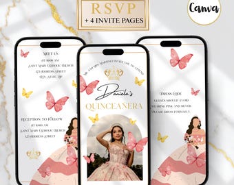 Elegant Quinceanera Invitation, Pink Gold, Editable Canva Template (Digital Download)