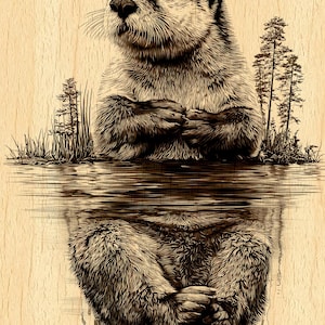 Puede incluir: Ilustración detallada de una nutria marina en un lago, con su reflejo en el agua. La obra de arte está en tonos marrones y beige, con líneas finas que crean textura y profundidad. Se ven árboles y hierba en el fondo.