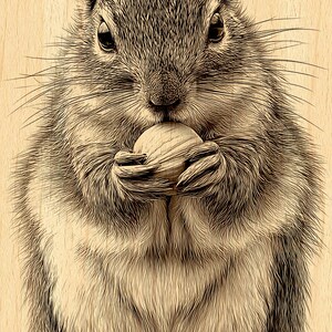 May include: A detailed illustration of a chipmunk holding a walnut, with another walnut at its feet. The artwork is rendered in shades of brown and beige, with a wood-grain background, creating a rustic and natural aesthetic.