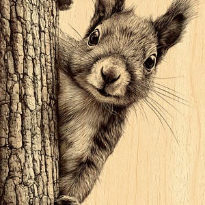 Squirrel Peeking Tree Engraving PNG | Woodland Wildlife Art | Rustic Forest Animal | Laser & CNC Wood Engraving | Instant Digital Download