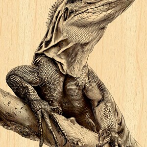 May include: Detailed sepia-toned illustration of a lizard perched on a tree branch. The lizard's textured skin and scales are visible, along with its sharp claws. The background is a light wood grain.