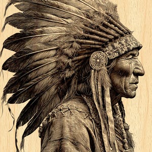 May include: A detailed sepia-toned illustration of a Native American man in profile. He wears a feathered headdress, beaded headband, and a decorative medallion. The artwork is set against a light wood grain background, showcasing intricate linework.