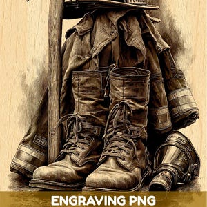 May include: A brown-toned engraving illustration of firefighter gear featuring a helmet with the number 12, a heavy jacket, a pair of lace-up boots, an axe, and a respirator mask. The text ENGRAVING PNG HIGH QUALITY FILE is visible.