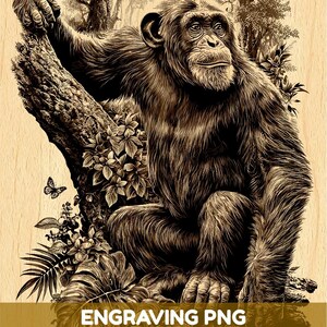 Könnte beinhalten: Eine dunkelbraune Holzgravur-Illustration eines Schimpansen, der auf einem Ast ruht, umgeben von detailliertem Blattwerk, Pflanzen und einem Schmetterling. Das Bild enthält den Text ENGRAVING PNG HIGH QUALITY FILE auf einem goldenen Balken.