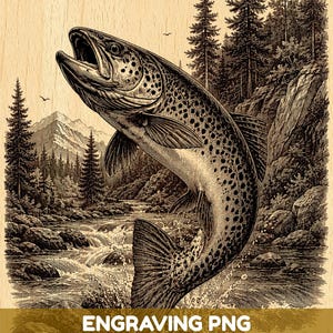 May include: An illustration of a leaping trout in a river, with a forest and mountains in the background. The image is in black and white, with the text "ENGRAVING PNG HIGH QUALITY FILE" at the bottom. The artwork is on a wood grain background.