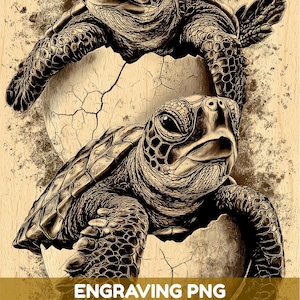 May include: A detailed wood engraving illustration featuring two sea turtles emerging from cracked eggs. The artwork displays dark brown ink lines on a light wood grain background, with the text ENGRAVING PNG HIGH QUALITY FILE overlaid.