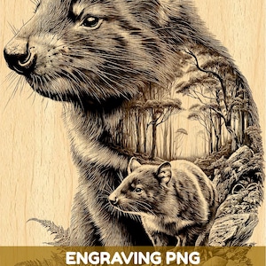 Könnte beinhalten: Eine holzfarbene Gravur mit einem großen Quokka im Vordergrund und einem kleineren Quokka darunter, vor einer Waldlandschaft mit Bäumen, Felsen und Pilzen. Das Bild enthält den Text ENGRAVING PNG HIGH QUALITY FILE.