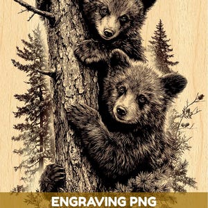 Pode incluir: Uma ilustração de gravura em madeira a preto e branco com duas crias de urso a subir um tronco de árvore texturado. O fundo mostra silhuetas de pinheiros. A imagem inclui o texto ENGRAVING PNG HIGH QUALITY FILE em branco.