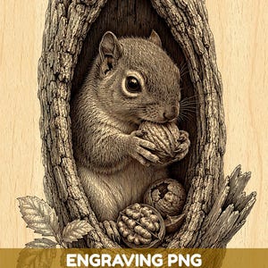 May include: Detailed engraving of a squirrel nestled in a tree hollow, holding a walnut. The artwork is in shades of brown and tan, with the text "ENGRAVING PNG HIGH QUALITY FILE" at the bottom. The image has a vintage, woodcut style.