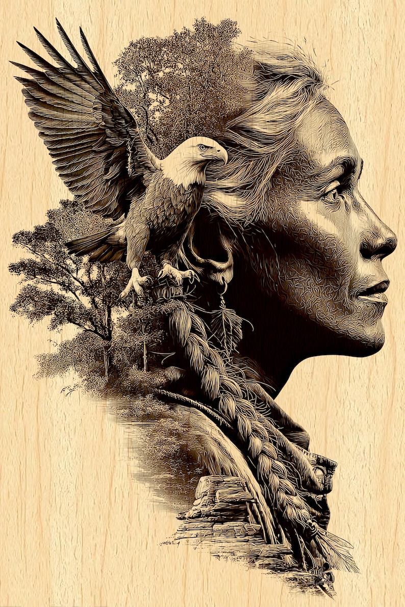 Native Woman and Eagle Engraving PNG Transparent | Eagle Double ...
