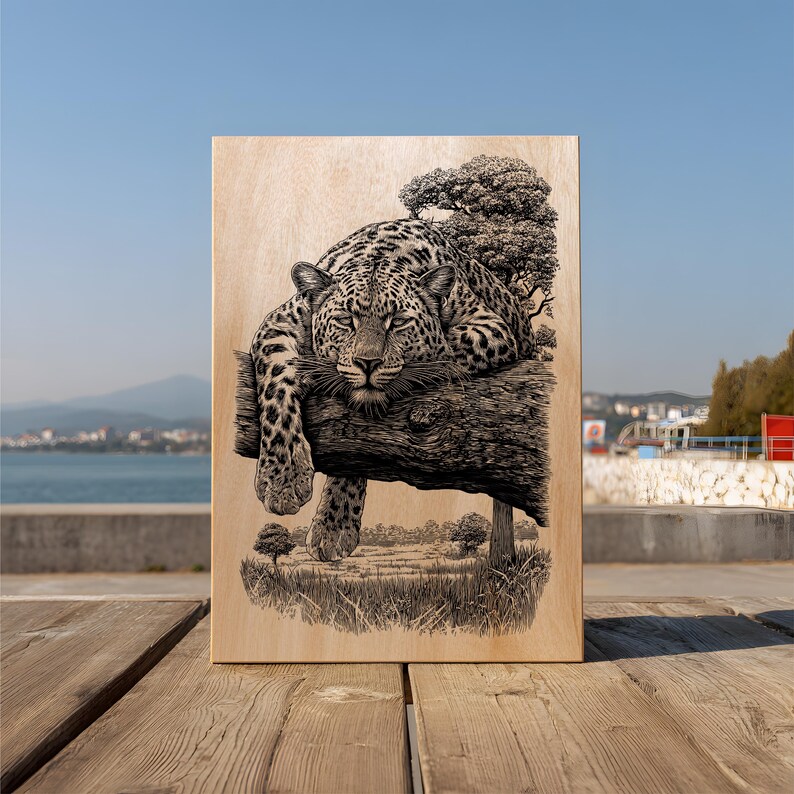 Leopard Tree Design Leopard Resting on Tree Engraving PNG | Rustic Wildlife Art | Wild Cat ...