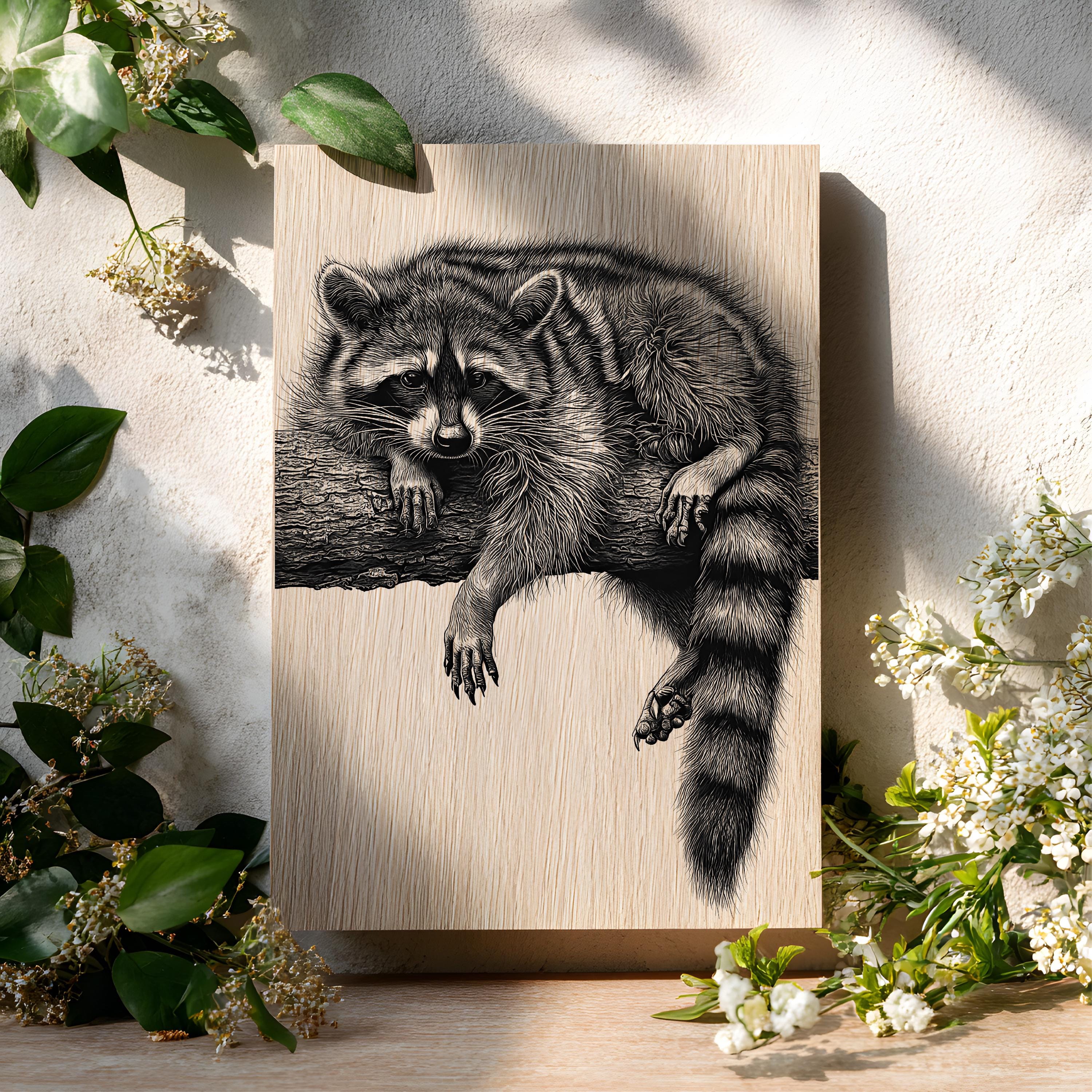 Rustic Raccoon Sleepy Raccoon on Log Engraving PNG | Woodland Raccoon Line Art ...
