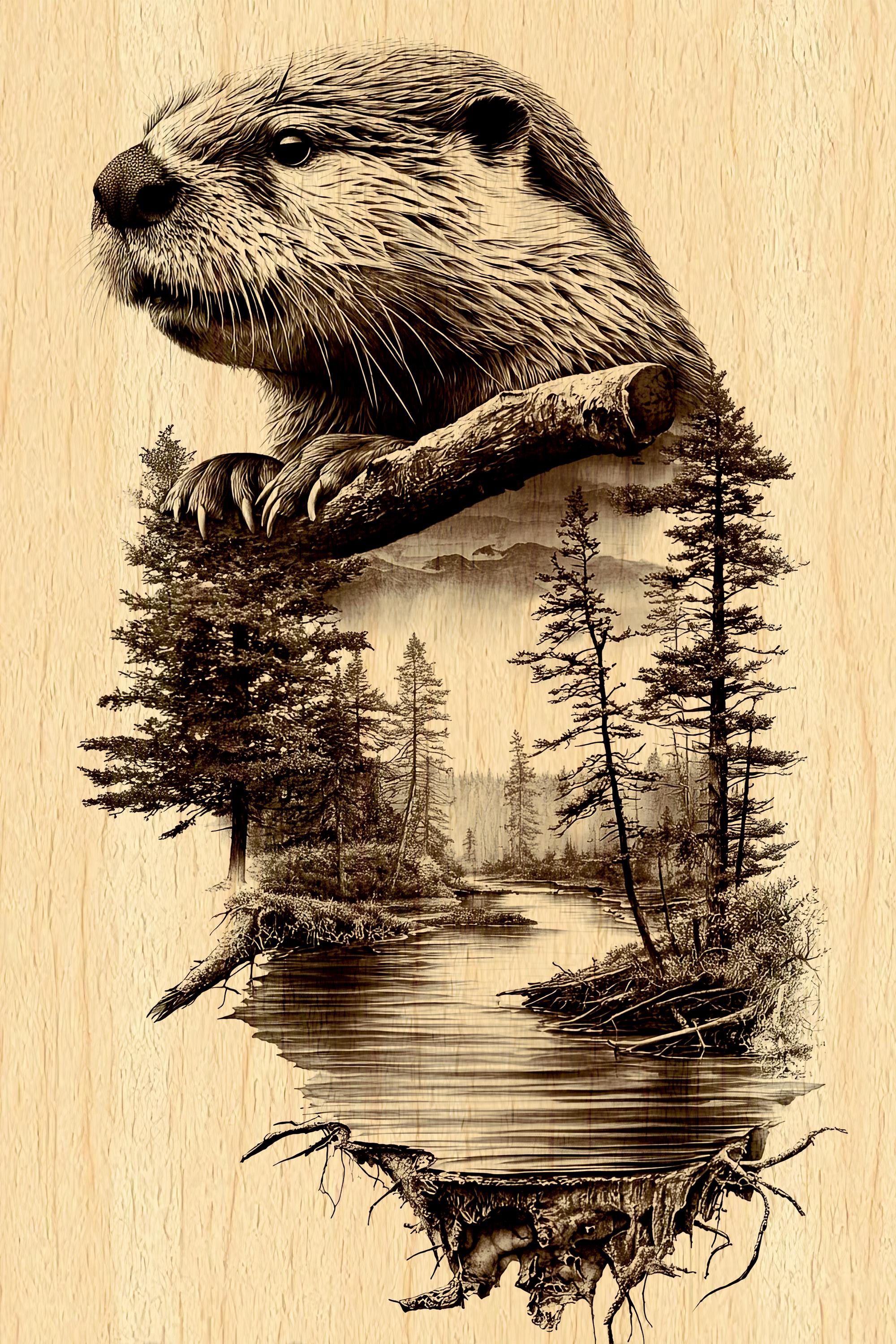 Beaver Forest River Engraving PNG | Beaver Wildlife Double Exposure Art ...