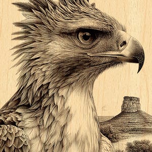 May include: Detailed pen and ink illustration of an eagle's head in profile, featuring intricate feather details and a sharp beak. The background shows a desert landscape with a mesa. The artwork is on a light wood grain surface.