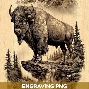 May include: A wood-textured digital illustration featuring a bison standing on a rocky cliff above a waterfall, with mountains and pine trees in the background. The text ENGRAVING PNG HIGH QUALITY FILE is overlaid in white on a brown banner.