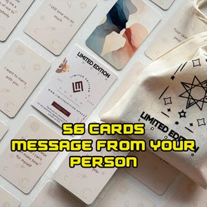 Peut inclure: Un ensemble de 56 cartes avec des messages, accompagné d'un sac en coton crème avec un motif d'étoile et géométrique. Les cartes présentent diverses illustrations et textes, dont "I want to marry with you."