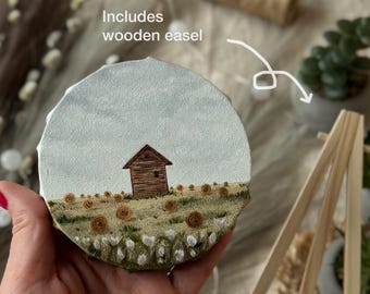 Mini Oil Painting Rustic House Field Neutral Desk Art Small Canvas on Easel Landscape