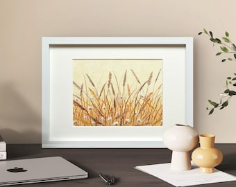 Pintura al óleo enmarcada de un campo de trigo, paisaje de pradera dorada