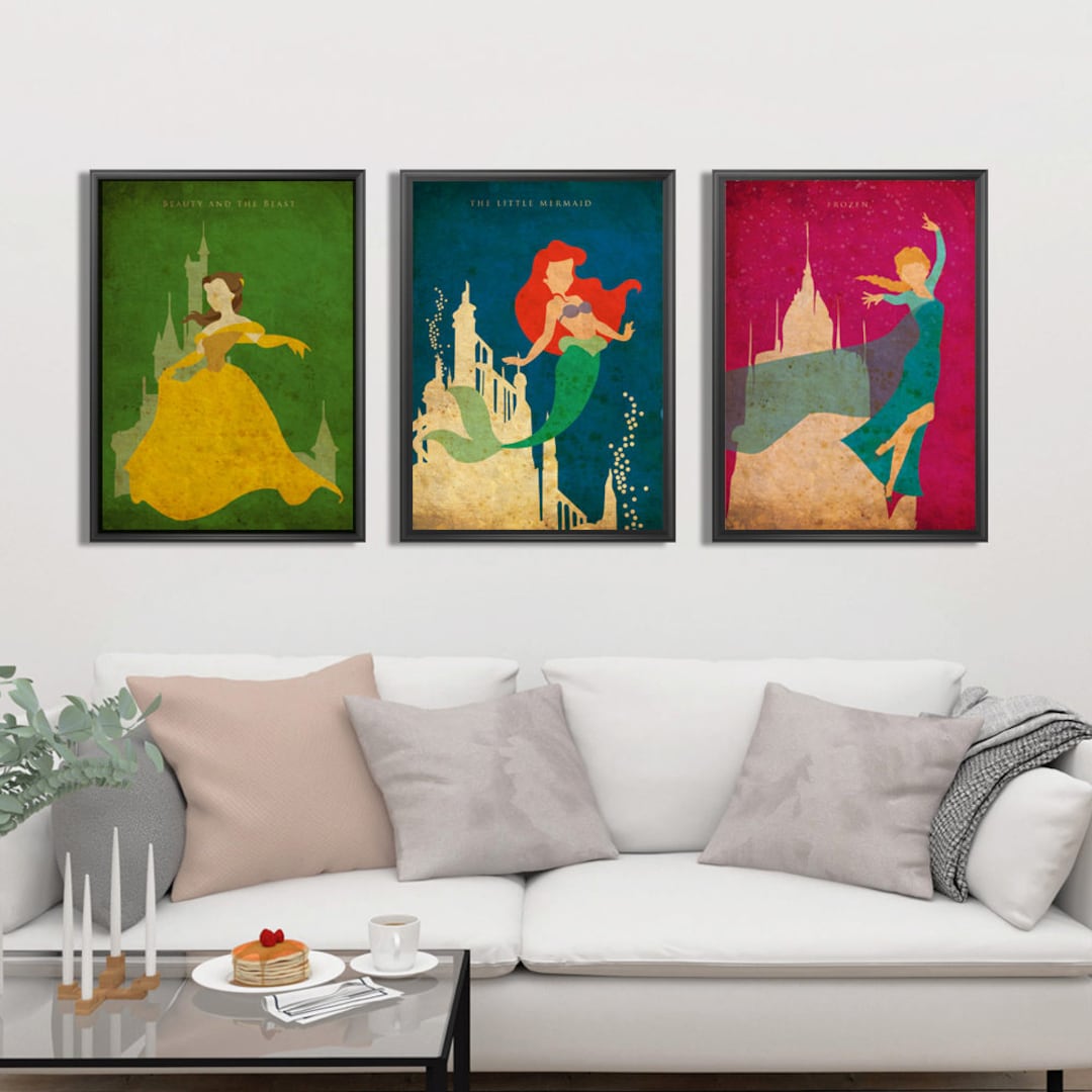 Vintage Disney Princess Art Print Set Belle Elsa Ariel Etsy