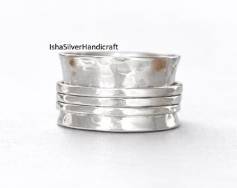 Hammered Sterling Silver Spinner Ring, Wide Band Fidget Ring