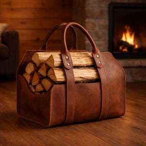 May include: A brown leather log carrier filled with firewood. The carrier has two handles and vertical straps secured with brass rivets. The background features a fireplace with a burning fire and a wooden floor.