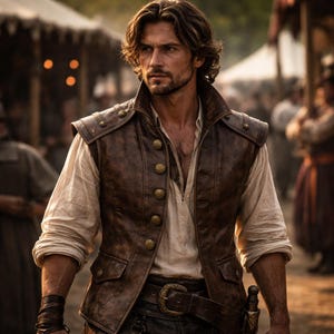 Pode incluir: Um colete de couro castanho com botões dourados e detalhes nos ombros é usado sobre uma camisa creme. O colete tem dois bolsos frontais e uma gola larga. Um cinto de couro castanho com fivela dourada é usado na cintura. Tema medieval.