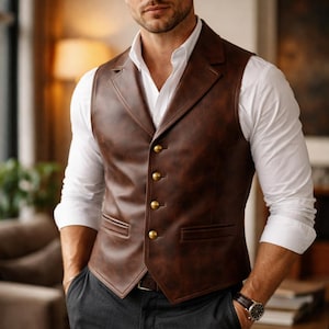 Op de afbeelding: Een bruin leren vest met gouden knopen, gedragen over een wit overhemd. Het vest heeft een klassiek ontwerp met een revers en twee voorzakken. De persoon draagt een donkergrijze broek en een horloge.