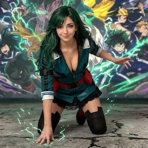 May include: A person with long green hair wearing a teal and black jacket with a red belt and black thigh-high stockings, kneeling on a cracked ground surface in front of a large, colorful anime-style illustration featuring multiple characters.