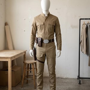 Könnte beinhalten: Ein beigefarbener Langarm-Overall mit Stehkragen, zwei Brusttaschen und zwei Oberschenkeltaschen. Das Outfit umfasst einen dunkelbraunen Utility-Gürtel mit silberner Schnalle, eine braune Ledertasche und ein Holster am rechten Oberschenkel.