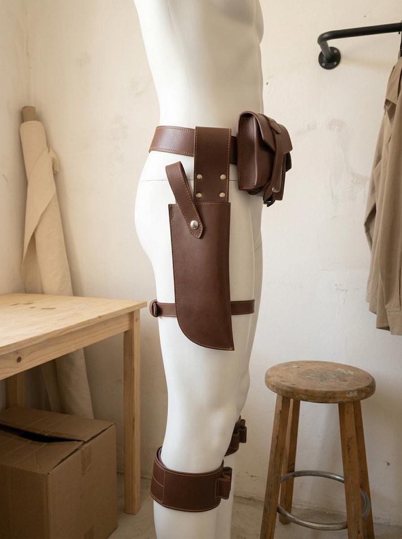 May include: A brown leather utility belt system featuring a waist belt, a large rectangular pouch with a flap closure, a long vertical holster with a silver snap button, and a matching leg strap with a buckle, worn on a white mannequin.