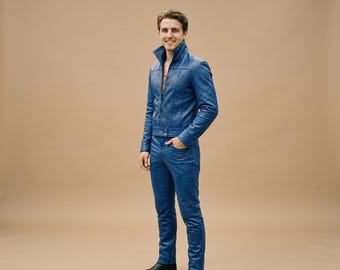 Elvis Presley Iconic 70s Jumpsuit – Royal Blue Leather Stage-Ready Cosplay Outfit