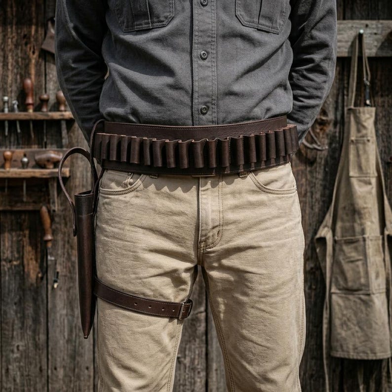 May include: A dark brown leather cartridge belt featuring a series of vertical loops for ammunition storage, paired with a matching leather holster attached to a leg strap, worn over light tan trousers and a dark gray button-down shirt.