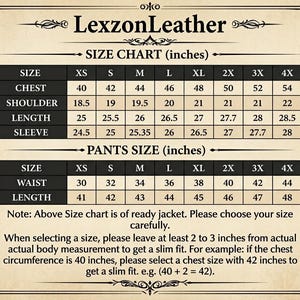 K&ouml;nnte beinhalten: Eine LexzonLeather-Gr&ouml;&szlig;entabelle f&uuml;r Jacken und Hosen in Zoll. Die Tabelle listet Gr&ouml;&szlig;en von XS bis 4X mit entsprechenden Ma&szlig;en f&uuml;r Brust, Schulter, L&auml;nge und &Auml;rmel bei Jacken sowie Taille und L&auml;nge bei Hosen auf, inklusive Gr&ouml;&szlig;enhinweisen.