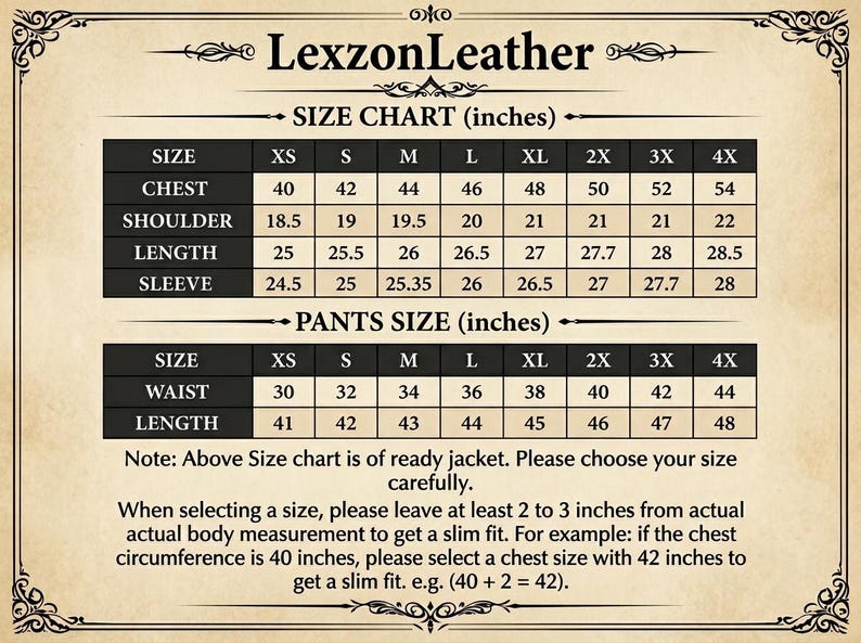 K&ouml;nnte beinhalten: Eine LexzonLeather-Gr&ouml;&szlig;entabelle f&uuml;r Jacken und Hosen in Zoll. Die Tabelle listet Gr&ouml;&szlig;en von XS bis 4X mit entsprechenden Ma&szlig;en f&uuml;r Brust, Schulter, L&auml;nge und &Auml;rmel bei Jacken sowie Taille und L&auml;nge bei Hosen auf, inklusive Gr&ouml;&szlig;enhinweisen.