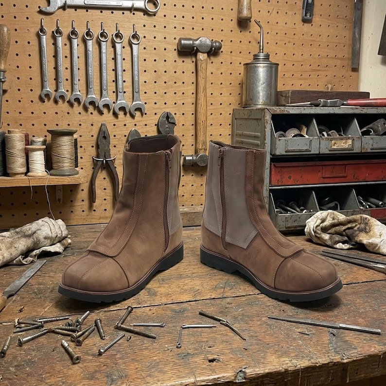May include: A pair of brown leather boots with a side zipper and a light brown panel. The boots are on a wooden workbench with tools in the background. The boots have a dark brown sole.