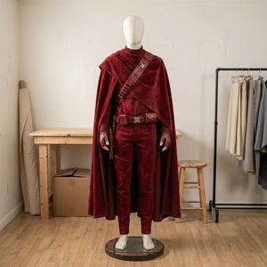 May include: A deep red costume set on a mannequin, featuring a long textured cape, a matching long-sleeved top, and trousers. The outfit includes a dark red utility belt with pouches and a diagonal shoulder strap with metallic buckle hardware.