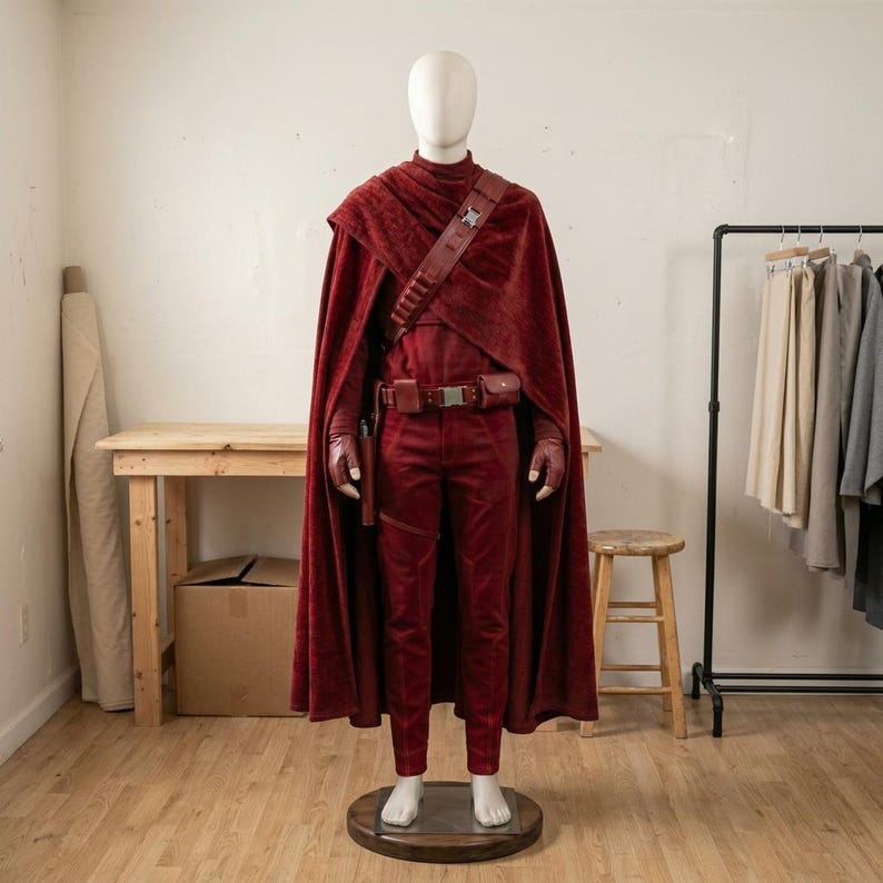 May include: A deep red costume set on a mannequin, featuring a long textured cape, a matching long-sleeved top, and trousers. The outfit includes a dark red utility belt with pouches and a diagonal shoulder strap with metallic buckle hardware.